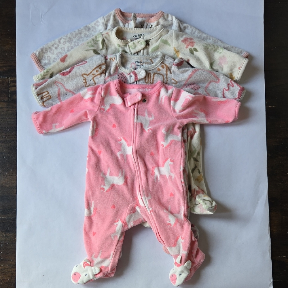 Set of 4 - 0-3mo Carter's Baby Girl Zippered Fleece Footed Pajamas